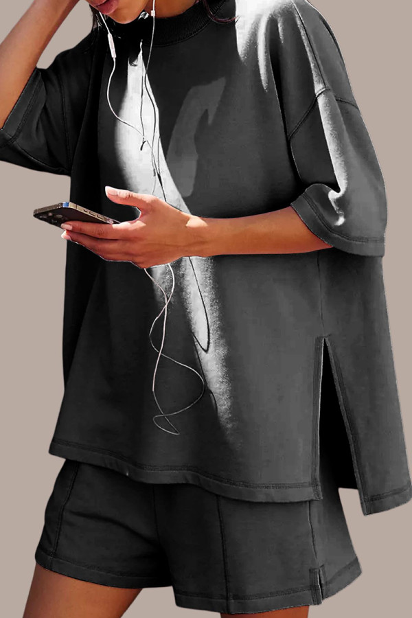 Grey Casual Solid Color Patchwork Slit O Neck Half Sleeve Two Pieces