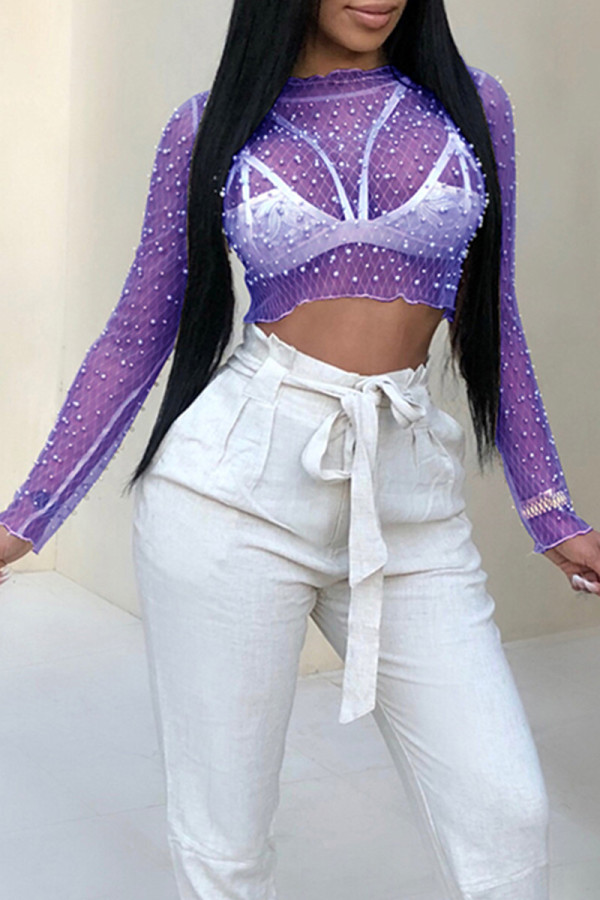 Blue Sexy Solid Color Patchwork See-Through Beading O Neck Tops