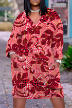 Red Casual Street Plaid Pocket Contrast V Neck Printed Plus Size Dresses