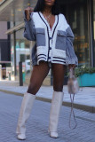 Cream White Casual Patchwork Pocket Buttons V Neck Outerwear