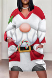 Red Green Casual Street Santa Claus Christmas Tree Print Pocket Contrast V Neck Printed Plus Size Dresses