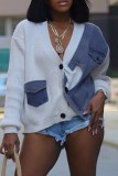 Cream White Casual Patchwork Buttons V Neck Outerwear