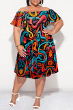Coffee Sexy Striped Print Ruffle Contrast Off Shoulder Printed Plus Size Dresses