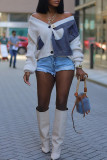 Cream White Casual Patchwork Buttons V Neck Outerwear