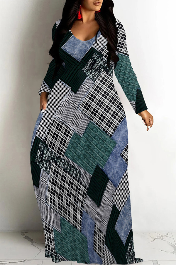 Multicolor Casual Vacation Colorblock Plaid Ombre Print Pocket Contrast V Neck Printed Dresses