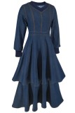 Deep Blue Casual Daily Solid Color Patchwork V Neck Long Sleeve High Waist Regular Denim Dresses