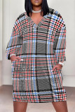 Purple Casual Street Plaid Pocket Contrast V Neck Printed Plus Size Dresses