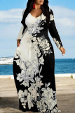 Black And White Casual Street Floral Print Pocket Contrast V Neck Printed Dresses
