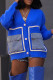 Blue Casual Patchwork Pocket Buttons V Neck Outerwear