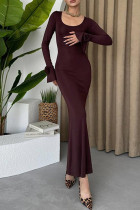 Burgundy Elegant Solid Color Patchwork Flower Shape U Neck Long Dresses