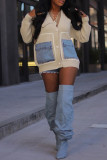 Coffee Casual Patchwork Pocket Buttons V Neck Outerwear