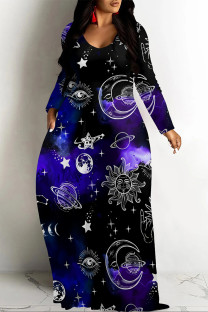 Black Purple Casual Street Geometric Print The stars Pocket Contrast V Neck Printed Dresses