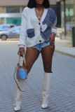 Cream White Casual Patchwork Buttons V Neck Outerwear