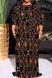Yellow Black Casual Print Patchwork O Neck Long Plus Size Dresses