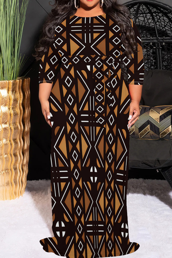 Brown Casual Print Patchwork O Neck Long Plus Size Dresses
