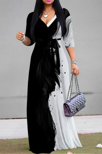 Black White Street Elegant Striped Print Gradient Lace Up Contrast V Neck Printed Dresses