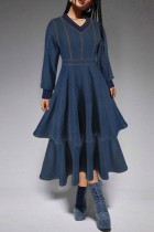 Deep Blue Casual Daily Solid Color Patchwork V Neck Long Sleeve High Waist Regular Denim Dresses
