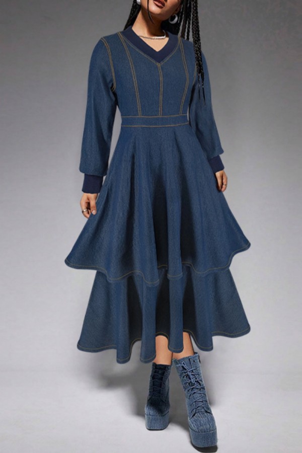 Deep Blue Casual Daily Solid Color Patchwork V Neck Long Sleeve High Waist Regular Denim Dresses