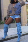 Cream White Casual Patchwork Buttons V Neck Outerwear