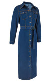 Deep Blue Casual Solid Color Buttons With Belt Turndown Collar Long Sleeve Regular Denim Dresses