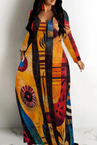 Orange Red Casual Print Patchwork O Neck Long Dresses