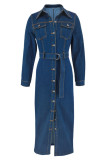 Deep Blue Casual Solid Color Buttons With Belt Turndown Collar Long Sleeve Regular Denim Dresses