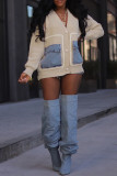Coffee Casual Patchwork Pocket Buttons V Neck Outerwear