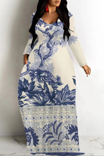 Blue Casual Street Floral Print Pocket Contrast V Neck Printed Dresses