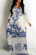 Blue Casual Street Floral Print Pocket Contrast V Neck Printed Dresses