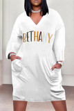 White Black Casual Street Letter Print Pocket Contrast V Neck Printed Plus Size Dresses