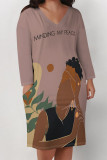 Rose Red Casual Street Figure Print Letters Pocket Contrast V Neck Printed Plus Size Dresses