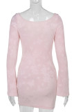 Pink Sexy Solid Color Patchwork Asymmetrical Collar Wrapped Skirt Dresses