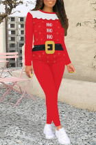 White Red Casual Street Santa Claus Print Letters O Neck Long Sleeve Two Pieces