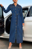 Deep Blue Casual Solid Color Buttons With Belt Turndown Collar Long Sleeve Regular Denim Dresses