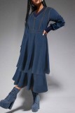 Deep Blue Casual Daily Solid Color Patchwork V Neck Long Sleeve High Waist Regular Denim Dresses