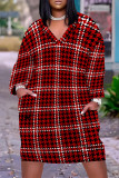Purple Casual Street Plaid Pocket Contrast V Neck Printed Plus Size Dresses