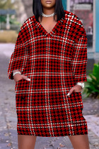 Red Black Casual Street Plaid Pocket Contrast V Neck Printed Plus Size Dresses