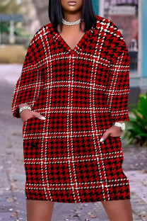 Red Black Casual Street Plaid Pocket Contrast V Neck Printed Plus Size Dresses