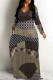 Khaki Casual Vacation Colorblock Plaid Ombre Print Pocket Contrast V Neck Printed Dresses
