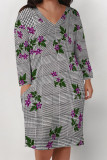 Purple Casual Street Plaid Pocket Contrast V Neck Printed Plus Size Dresses