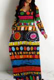 Orange Red Casual Print Patchwork O Neck Long Dresses