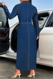Deep Blue Casual Solid Color Buttons With Belt Turndown Collar Long Sleeve Regular Denim Dresses