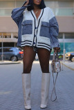 Cream White Casual Patchwork Pocket Buttons V Neck Outerwear