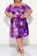 Purple Sexy Striped Print Ruffle Contrast Off Shoulder Printed Plus Size Dresses