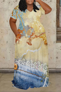 Multicolor Casual Street Faux Denim Print Pocket Contrast V Neck Printed Plus Size Dresses