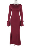 Burgundy Elegant Solid Color Patchwork Flower Shape U Neck Long Dresses