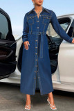 Deep Blue Casual Solid Color Buttons With Belt Turndown Collar Long Sleeve Regular Denim Dresses