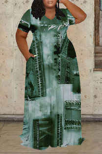 Green Casual Street Faux Denim Print Pocket Contrast V Neck Printed Plus Size Dresses