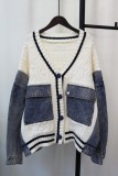 Cream White Casual Patchwork Pocket Buttons V Neck Outerwear