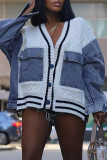 Cream White Casual Patchwork Pocket Buttons V Neck Outerwear